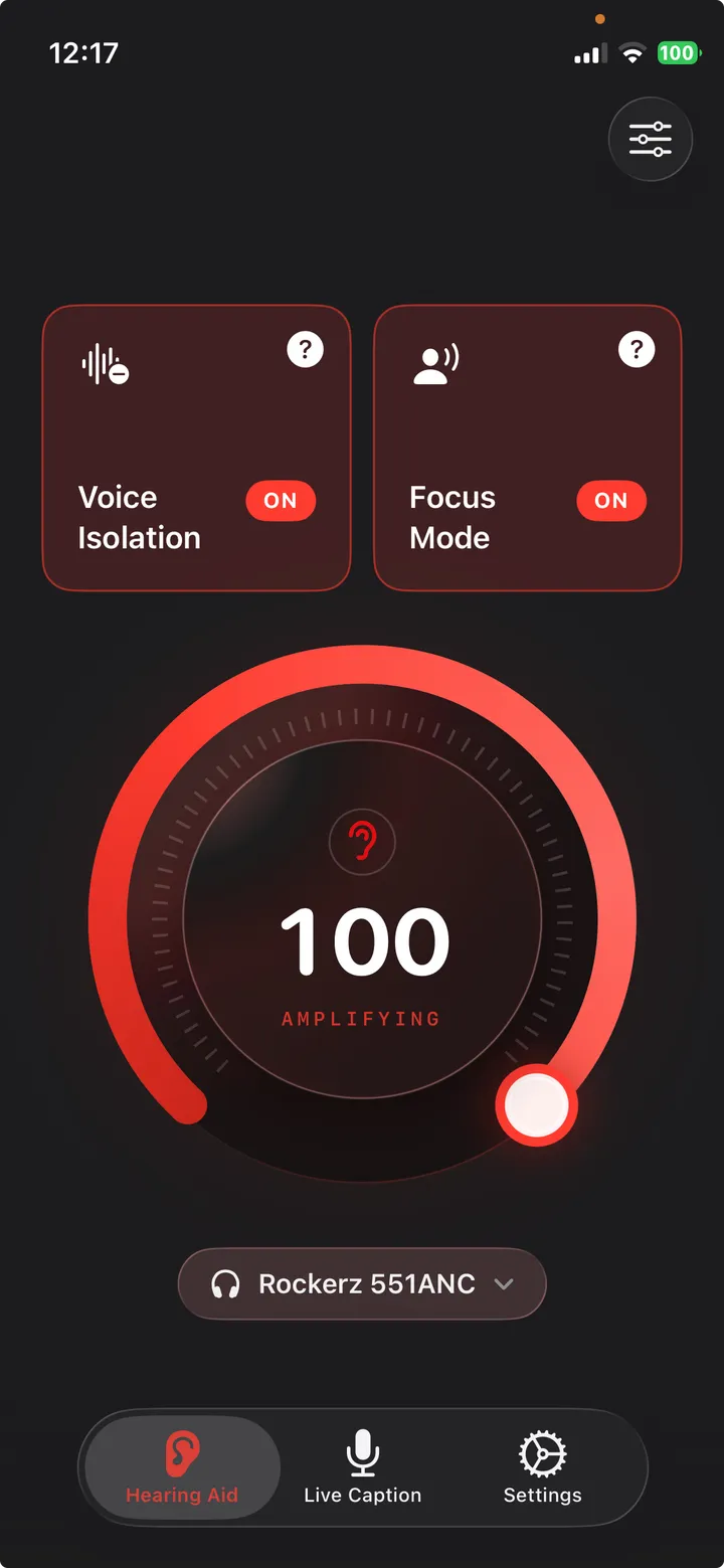 Clarive amplifying at 100 with Voice Isolation and Focus Mode switched on, connected to a pair of Rockerz 551ANC Bluetooth headphones