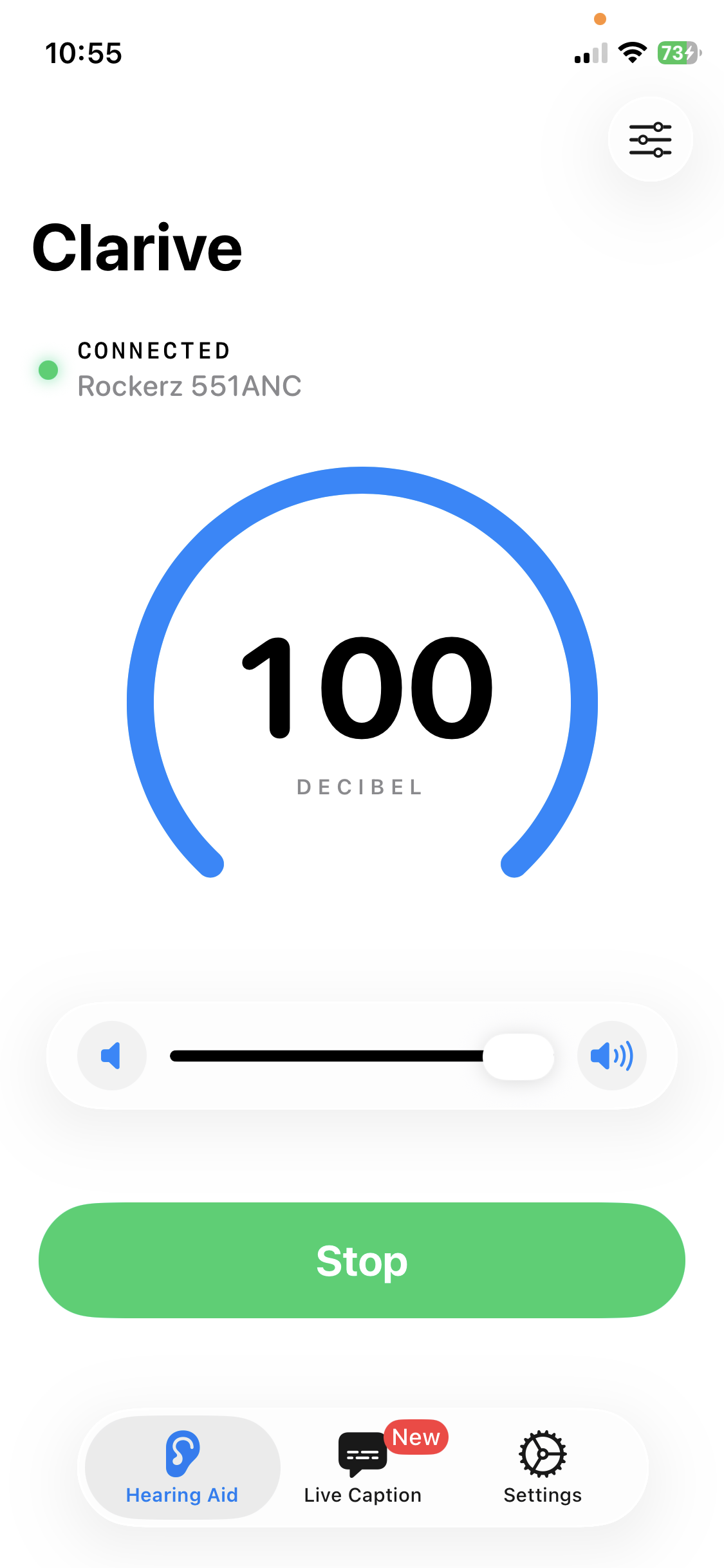 Clarive listening device app showing real-time decibel amplification on iPhone
