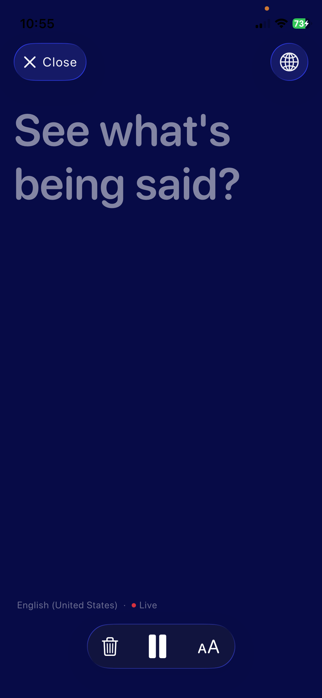 Clarive live caption screen showing real-time speech transcription on iPhone