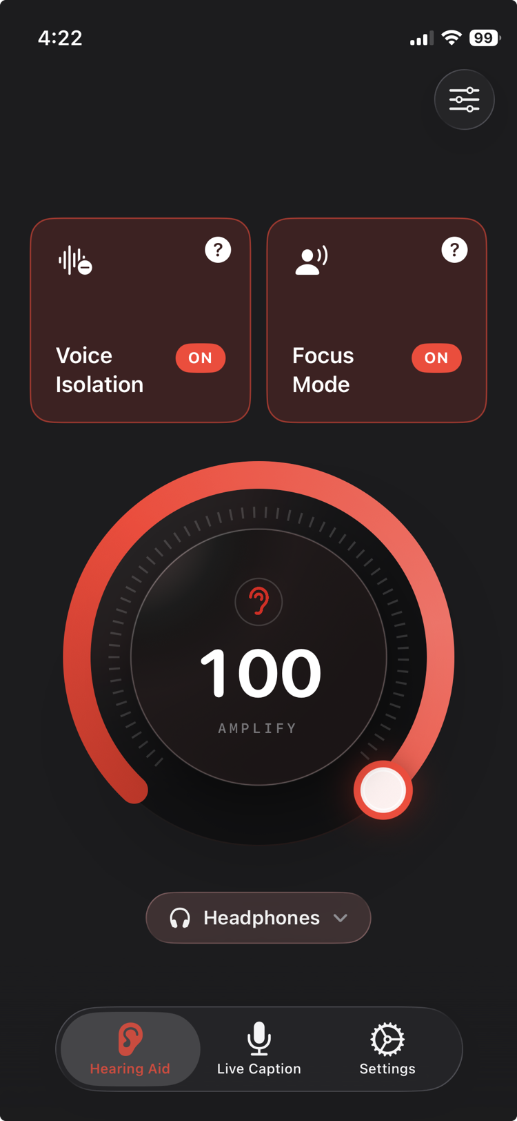 Clarive listening device app for iPhone — Hearing Aid screen with a large amplify dial set to 100, Voice Isolation and Focus Mode on