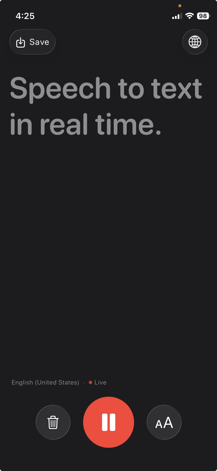 Clarive Live Caption screen transcribing speech to text in real time, with a red record button