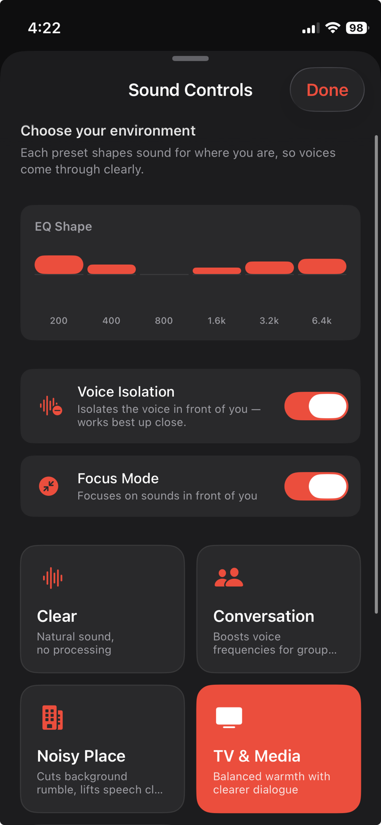 Clarive Sound Controls screen with an EQ shape, Voice Isolation and Focus Mode toggles, and environment preset cards